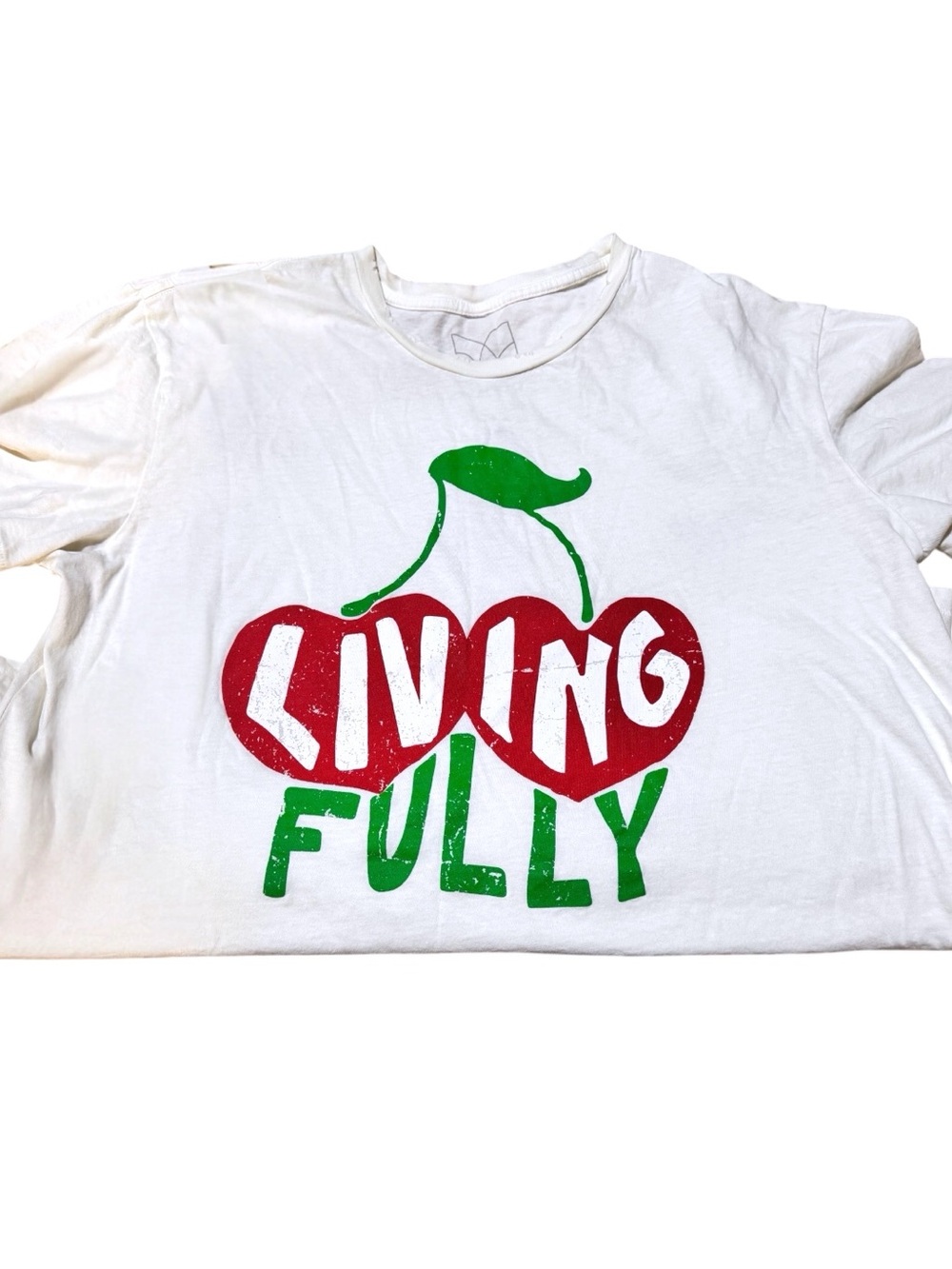 LivingFullyCo. By Mallory Ervin White Cherry Graphic Distressed T-Shirt Sz XL